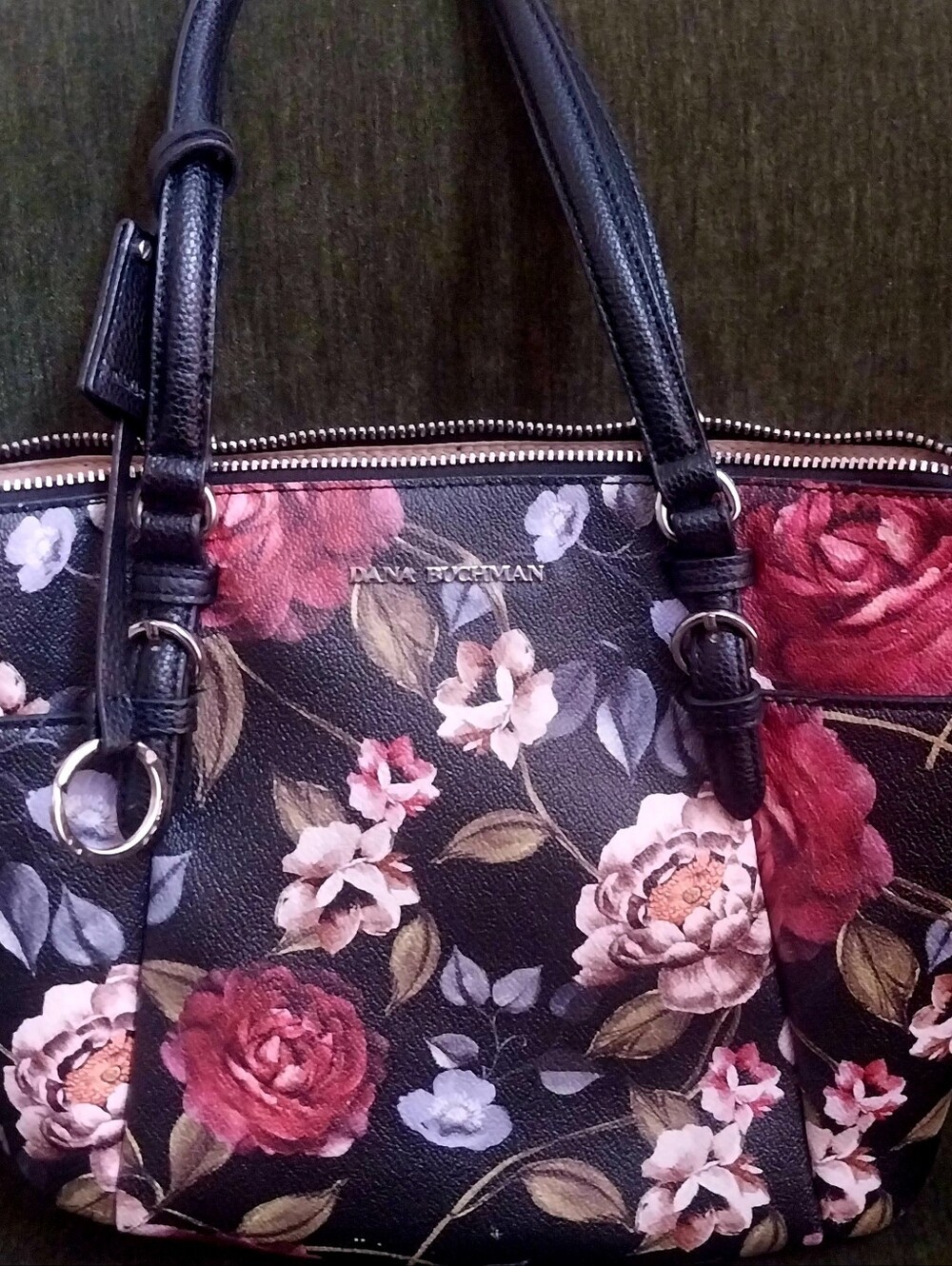 Dana Buchman Black Floral Leather Tote with Pink & Red Roses